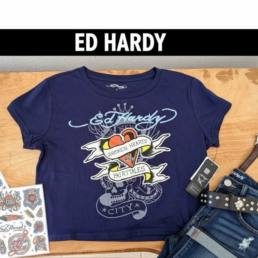 Ed Hardy "Broken Hearts and Fairytales" Graphic Crop Tee - Navy Blue - Size L